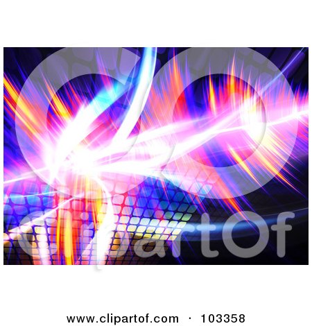 Royalty-Free (RF) Clipart Illustration of a Background Of Bright Fractal Lights And Colorful Equalizer Dots by Arena Creative