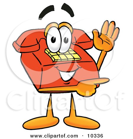 Clipart Picture of a Red Telephone Mascot Cartoon Character Waving and Pointing by Mascot Junction
