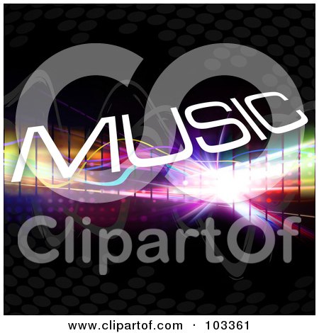 Royalty-Free (RF) Clipart Illustration of White Music Over Colorful Lines And Fractal Bursts On Black by Arena Creative