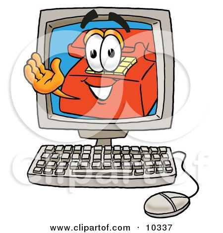 Clipart Picture of a Red Telephone Mascot Cartoon Character Waving From Inside a Computer Screen by Mascot Junction