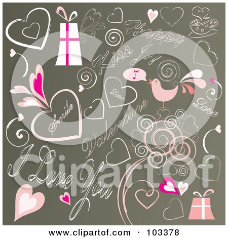 Royalty-Free (RF) Clipart Illustration of a Background Of Pink Valentine's Day Doodles On Brown by MilsiArt