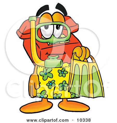 Clipart Picture of a Red Telephone Mascot Cartoon Character in Green and Yellow Snorkel Gear by Mascot Junction