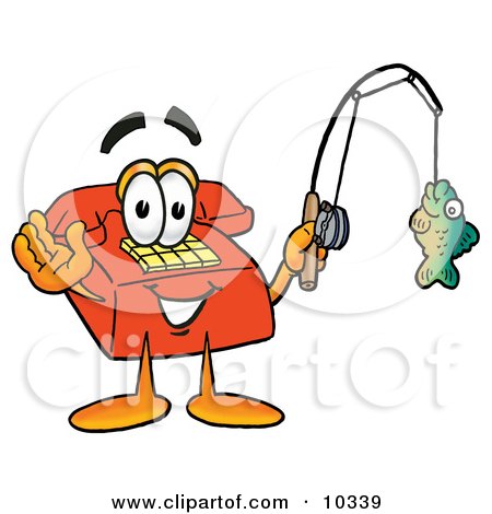 Clipart Picture of a Red Telephone Mascot Cartoon Character Holding a Fish on a Fishing Pole by Mascot Junction