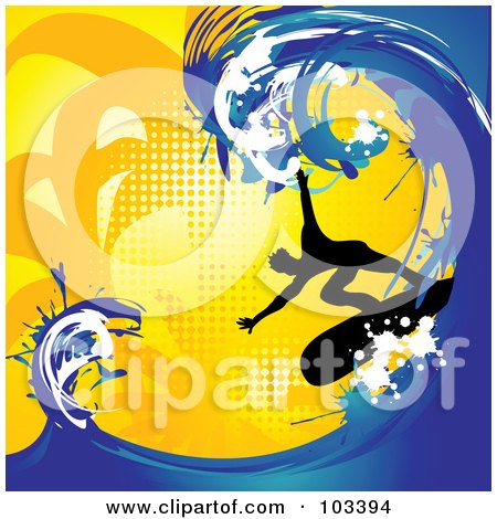 Royalty-Free (RF) Clipart Illustration of a Silhouetted Surfer Riding A Big Blue Wave On Orange Halftone by MilsiArt