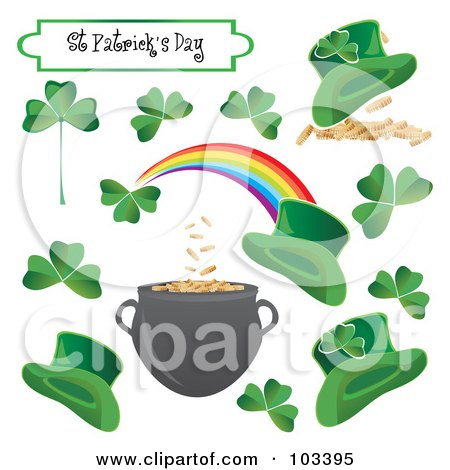 Royalty-Free (RF) Clipart Illustration of a Digital Collage Of St Patricks Day Clovers, Gold And Hats by MilsiArt