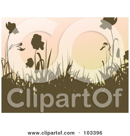Royalty-Free (RF) Clipart Illustration of Brown Silhouetted Grass And Flowers Against A Gradient Pink Sky by MilsiArt