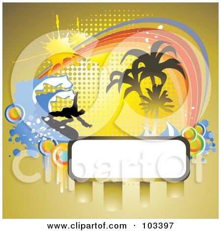 Royalty-Free (RF) Clipart Illustration of a Blank Text Box Over A Background Of Grunge, Halftone And A Surfer by MilsiArt