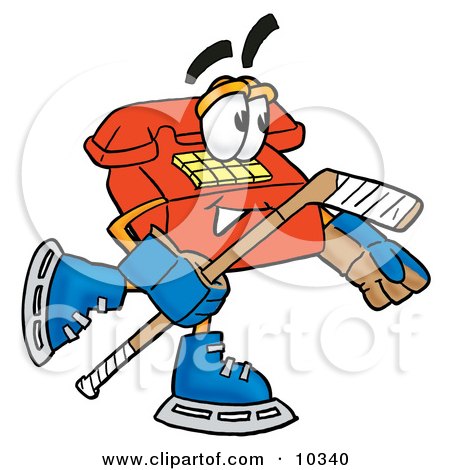 Clipart Picture of a Red Telephone Mascot Cartoon Character Playing Ice Hockey by Mascot Junction