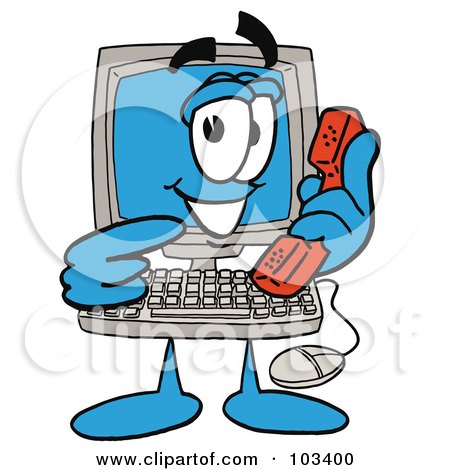 Royalty-Free (RF) Clipart Illustration of a Friendly Computer Guy Pointing To A Red Phone by Mascot Junction