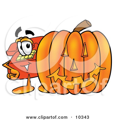 Clipart Picture of a Red Telephone Mascot Cartoon Character With a Carved Halloween Pumpkin by Mascot Junction
