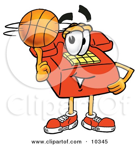 Clipart Picture of a Red Telephone Mascot Cartoon Character Spinning a Basketball on His Finger by Mascot Junction