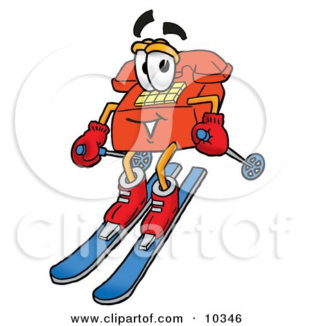 Clipart Picture of a Red Telephone Mascot Cartoon Character Skiing Downhill by Mascot Junction
