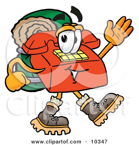 Clipart Picture of a Red Telephone Mascot Cartoon Character Hiking and Carrying a Backpack by Mascot Junction