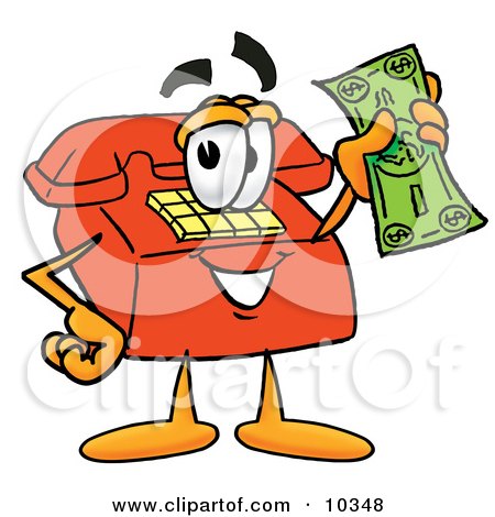 Clipart Picture of a Red Telephone Mascot Cartoon Character Holding a Dollar Bill by Mascot Junction