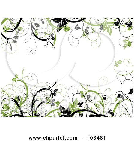 Royalty-Free (RF) Clipart Illustration of Green And Black Leafy Vines Framing A White Background by KJ Pargeter