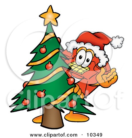 Clipart Picture of a Red Telephone Mascot Cartoon Character Waving and Standing by a Decorated Christmas Tree by Mascot Junction