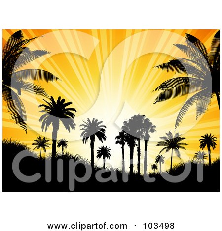 Royalty-Free (RF) Clipart Illustration of a Tropical Setting Sun With Orange Rays, Silhouetting Palm Trees by KJ Pargeter