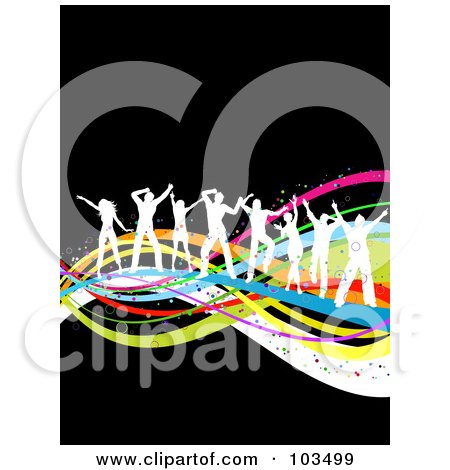 Royalty-Free (RF) Clipart Illustration of White Dancing People Silhouettes Dancing On Colorful Waves Over Black by KJ Pargeter