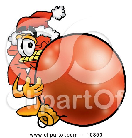 Clipart Picture of a Red Telephone Mascot Cartoon Character Wearing a Santa Hat, Standing With a Christmas Bauble by Mascot Junction