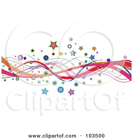 Royalty-Free (RF) Clipart Illustration of a Border Or Colorful Wavy Lines, Stars And Circles On White by KJ Pargeter