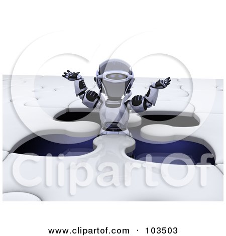 Royalty-Free (RF) Clipart Illustration of a 3d Silver Robot Standing In An Open Space Of A Jigsaw Puzzle by KJ Pargeter