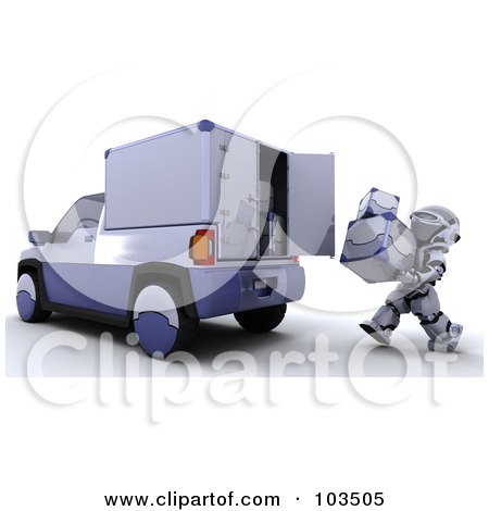 Royalty-Free (RF) Clipart Illustration of a 3d Silver Robot Loading Metal Boxes Into A Truck by KJ Pargeter