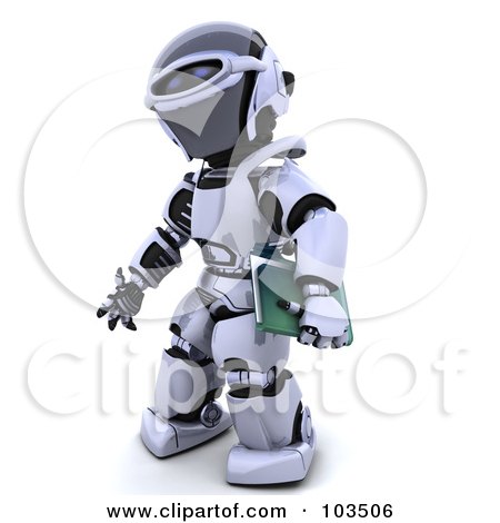 Royalty-Free (RF) Clipart Illustration of a 3d Silver Robot Carrying A Green Folder by KJ Pargeter