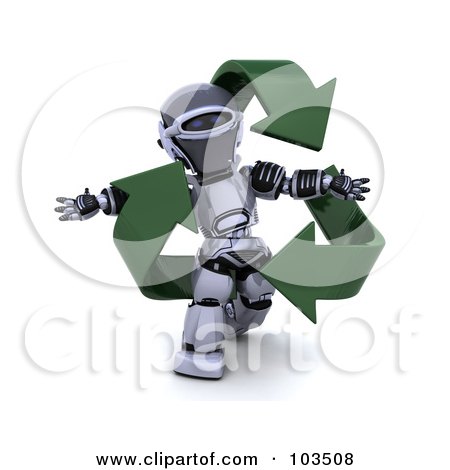 Royalty-Free (RF) Clipart Illustration of a 3d Silver Robot Walking With Green Recycle Arrows by KJ Pargeter