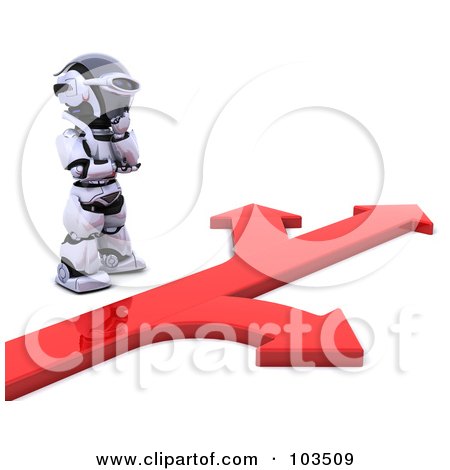 Royalty-Free (RF) Clipart Illustration of a 3d Silver Robot Standing At A Fork In A Red Arrow Path by KJ Pargeter