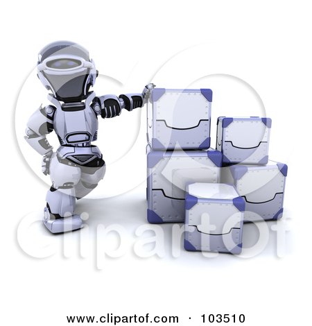 Royalty-Free (RF) Clipart Illustration of a 3d Silver Robot Leaning On Metal Boxes by KJ Pargeter