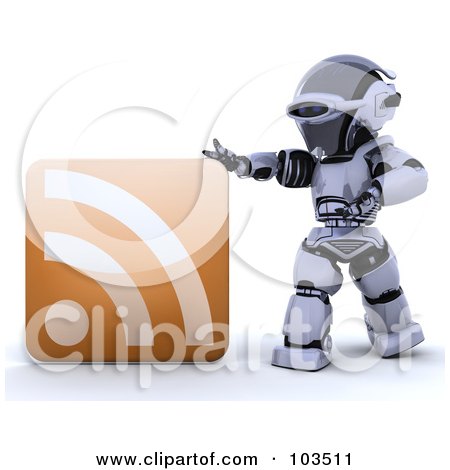 Royalty-Free (RF) Clipart Illustration of a 3d Silver Robot Touching A Large RSS Symbol by KJ Pargeter
