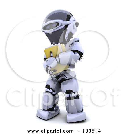 Royalty-Free (RF) Clipart Illustration of a 3d Silver Robot Carrying A Yellow Folder by KJ Pargeter