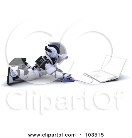 Royalty-Free (RF) Clipart Illustration of a 3d Silver Robot Laying On The Floor And Using A Laptop by KJ Pargeter