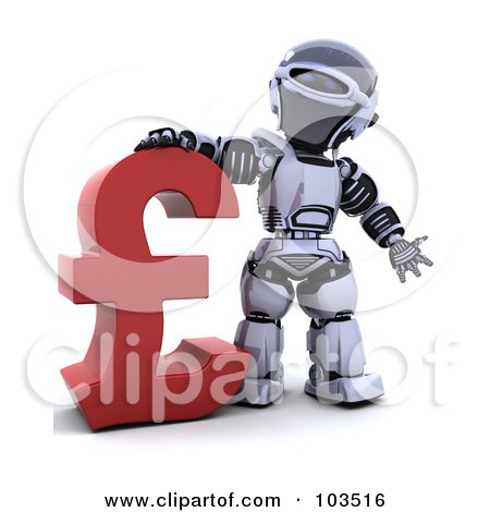 Royalty-Free (RF) Clipart Illustration of a 3d Silver Robot Standing With A Pound Currency Symbol by KJ Pargeter