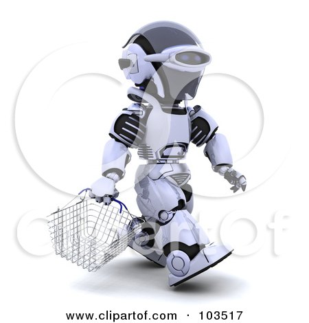 Royalty-Free (RF) Clipart Illustration of a 3d Silver Robot Walking With A Shopping Basket by KJ Pargeter