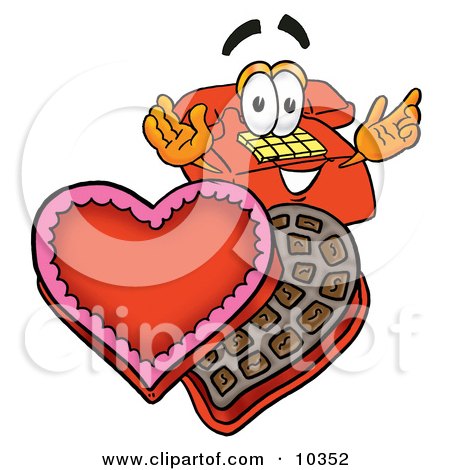 Clipart Picture of a Red Telephone Mascot Cartoon Character With an Open Box of Valentines Day Chocolate Candies by Mascot Junction