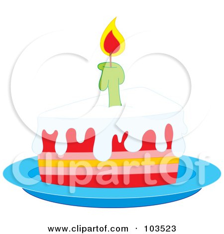 Royalty-Free (RF) Clipart Illustration of a Lit Candle On A Slice Of Birthday Cake On A Blue Plate by Alex Bannykh