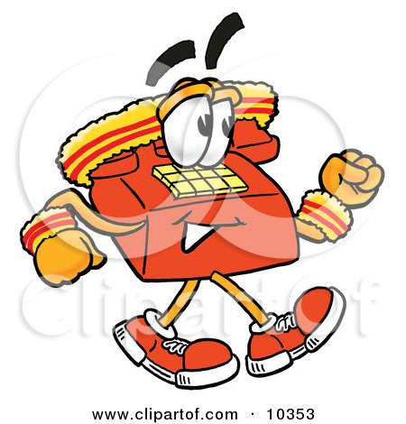 Clipart Picture of a Red Telephone Mascot Cartoon Character Speed Walking or Jogging by Mascot Junction
