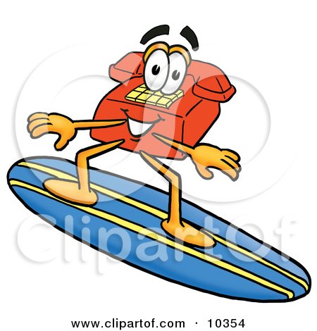 Clipart Picture of a Red Telephone Mascot Cartoon Character Surfing on a Blue and Yellow Surfboard by Mascot Junction