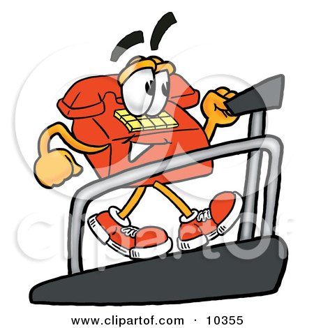 Clipart Picture of a Red Telephone Mascot Cartoon Character Walking on a Treadmill in a Fitness Gym by Mascot Junction