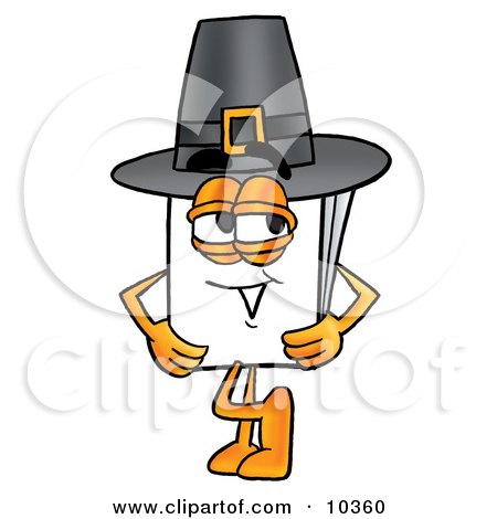 Clipart Picture of a Paper Mascot Cartoon Character Wearing a Pilgrim Hat on Thanksgiving by Mascot Junction