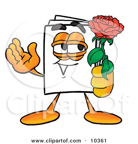 Clipart Picture of a Paper Mascot Cartoon Character Holding a Red Rose on Valentines Day by Mascot Junction
