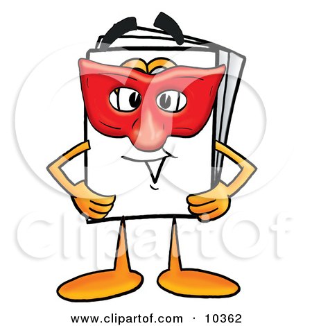 Clipart Picture of a Paper Mascot Cartoon Character Wearing a Red Mask Over His Face by Mascot Junction