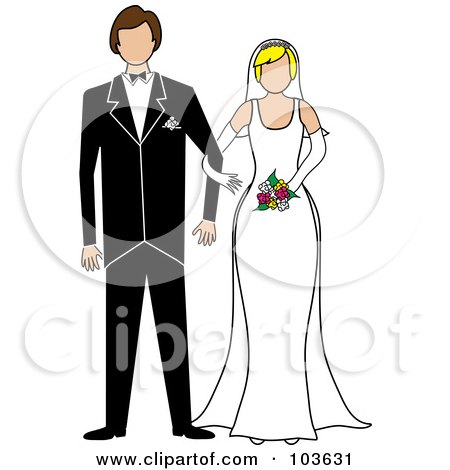 Royalty-Free (RF) Clipart Illustration of a Blond Bride And Brunette Groom Standing Arm In Arm by Pams Clipart