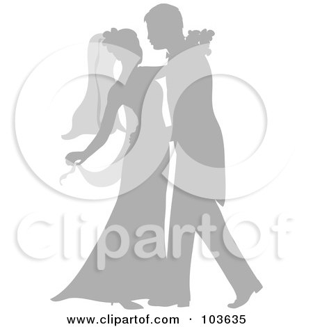 Royalty-Free (RF) Clipart Illustration of a Silhouetted Gray Newlywed Couple Dancing At Their Wedding by Pams Clipart