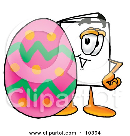 Clipart Picture of a Paper Mascot Cartoon Character Standing Beside an Easter Egg by Mascot Junction