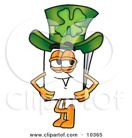 Clipart Picture of a Paper Mascot Cartoon Character Wearing a Saint Patricks Day Hat With a Clover on it by Mascot Junction