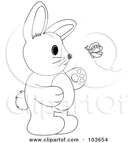 Royalty-Free (RF) Clipart Illustration of a Coloring Page Outline Of A Rabbit Standing And Watching A Butterfly by Pams Clipart