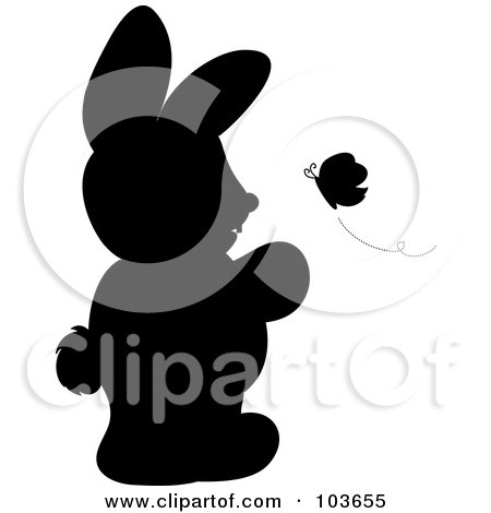 Royalty-Free (RF) Clipart Illustration of a Silhouetted Rabbit Standing And Watching A Butterfly by Pams Clipart