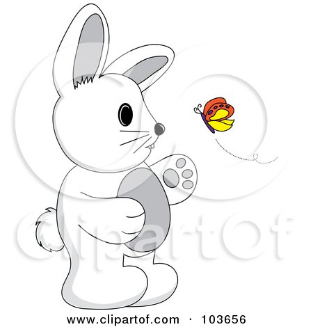 Royalty-Free (RF) Clipart Illustration of a White And Gray Rabbit Standing And Watching A Butterfly by Pams Clipart